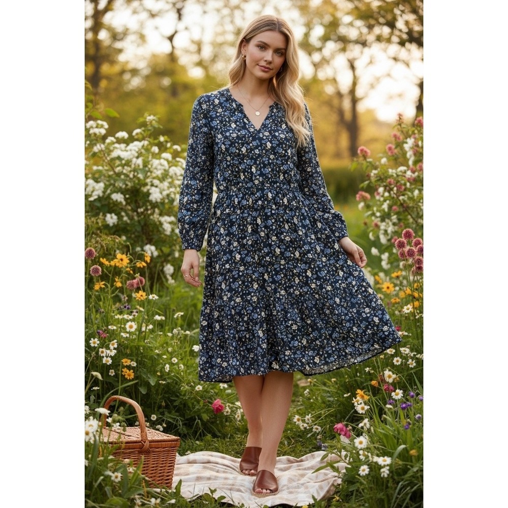 Cottagecore Floral Midi Dress‎ Womens L Romantic Coquette Prairie Ruffle
